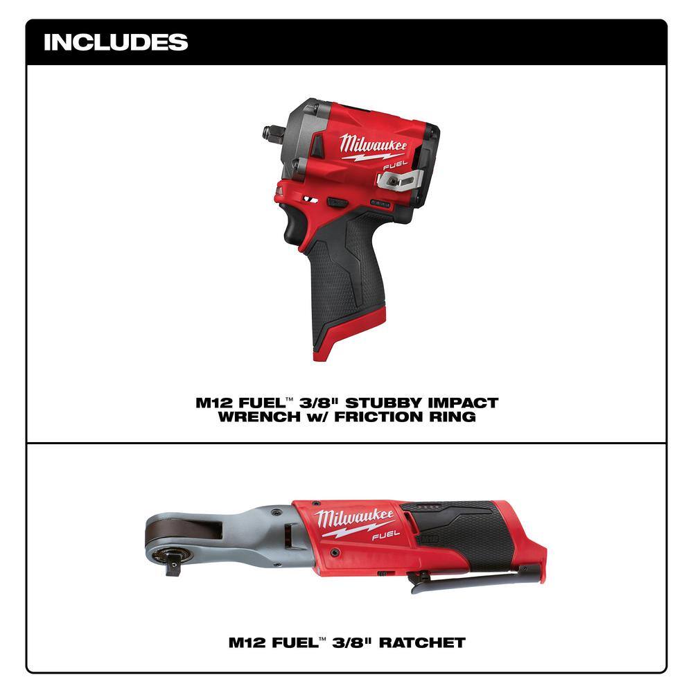 Milwaukee 2554-20-2557-20 M12 FUEL 12V Lithium-Ion Brushless Cordless Stubby 3/8 in. Impact Wrench and Ratchet Kit (Tool-Only Kit)