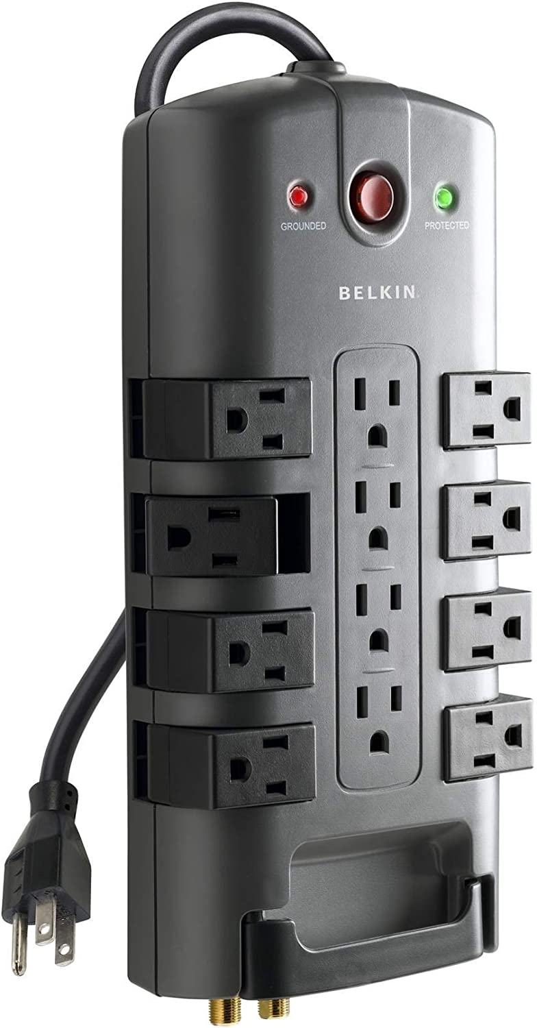 Belkin Surge Power Strip Protector - 8 Rotating & 4 Stationary AC Multiple Outlets - 8 ft Long Heavy Duty Extension Cord Flat Pivot Plug for Home. Office. Travel. Desktop & Charging Brick. 4320 Joules
