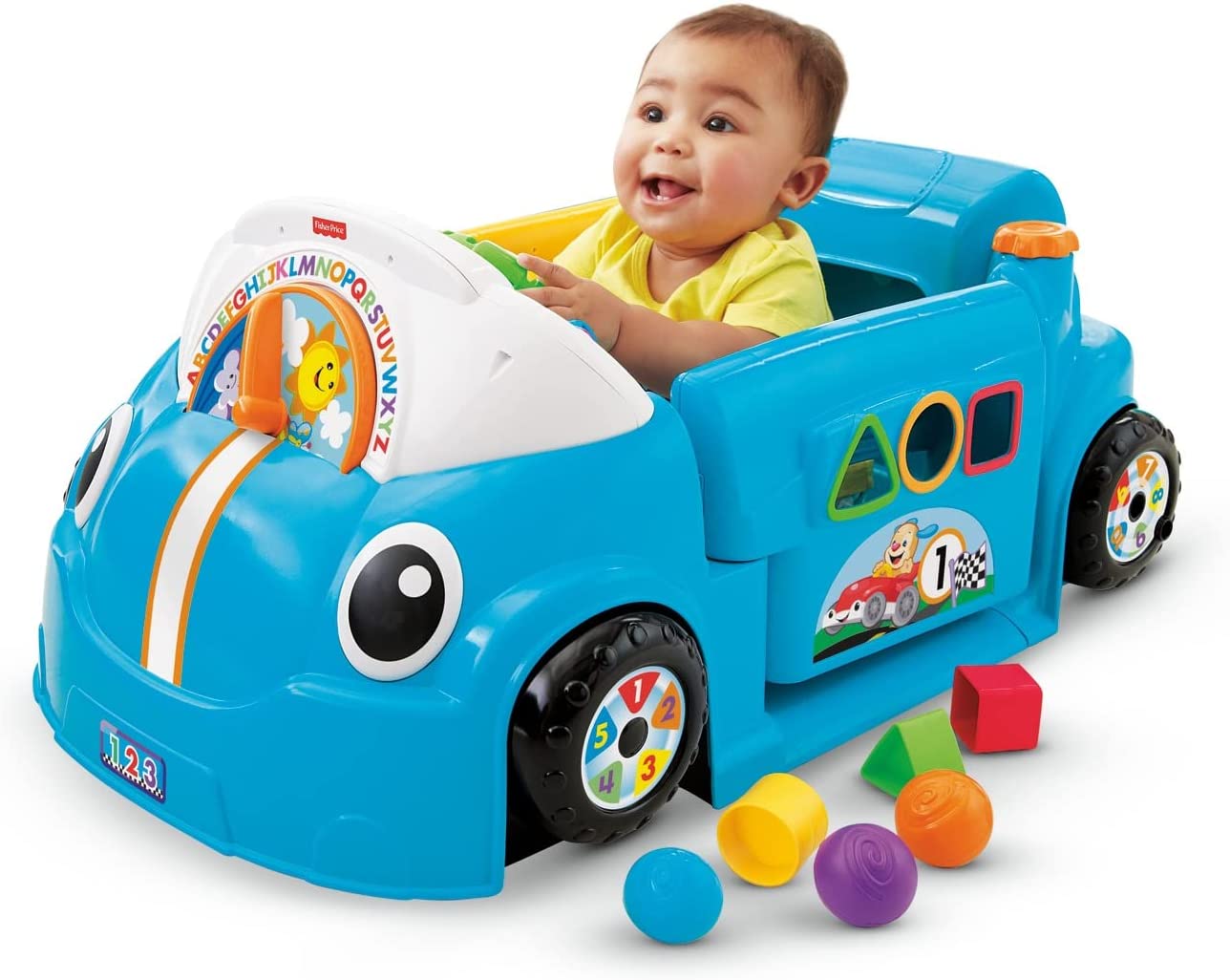 Fisher-Price Laugh & Learn Crawl Around Car. Blue interactive play center with Smart Stages learning content for babies and toddlers ages 6 months and up
