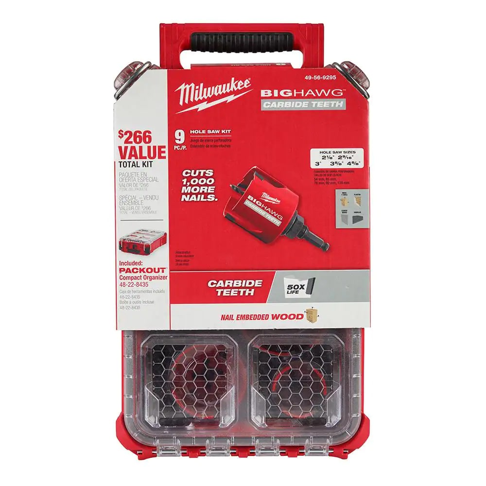 Milwaukee 49-56-9295 BIG HAWG Carbide Hole Saw Kit (9-Piece) with PACKOUT Case