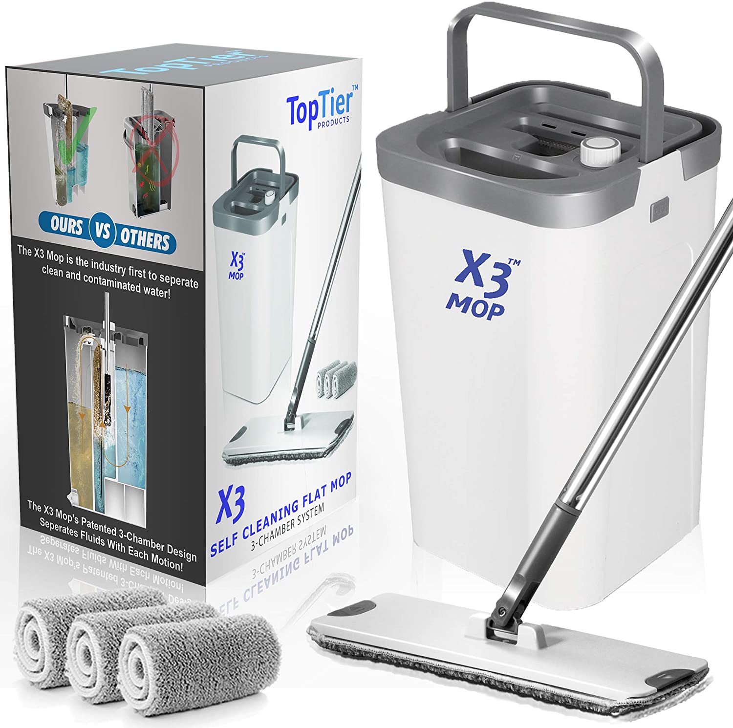 X3 Mop. Separates Dirty and Clean Water. 3-Chamber Design. Flat Mop and Bucket Set. Hands Free Home Floor Cleaning. 3 Reusable Microfiber Mop Pads Included