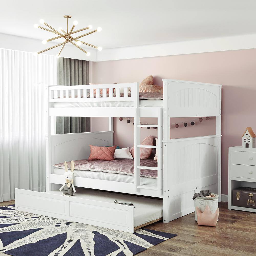 Harper & Bright Designs  White Full Over Full Wood Bunk Bed with Twin Trundle