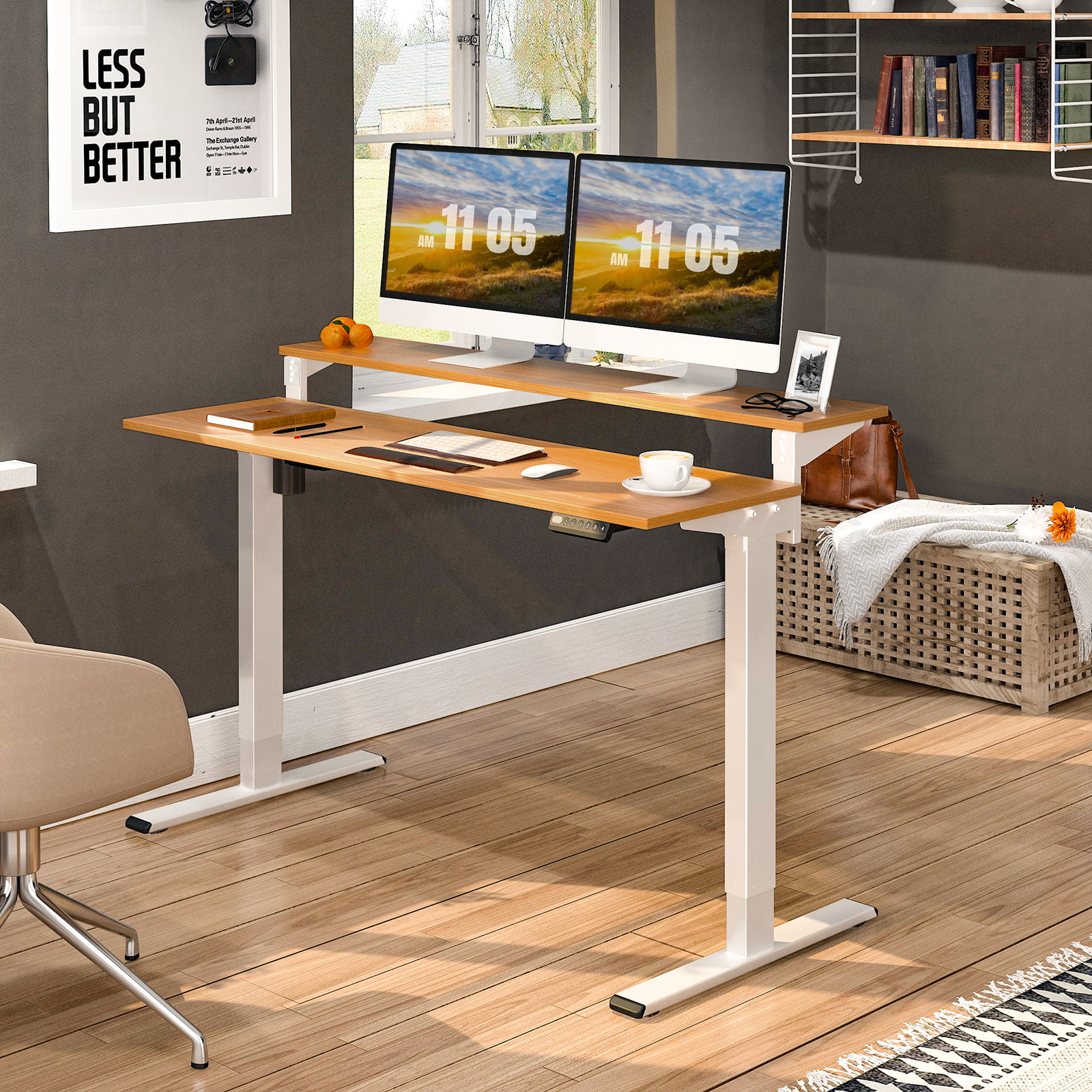 FlexiSpot 55″x28″ 2-Tier Home Office Height Adjustable Standing Desk Oak Top and White Frame