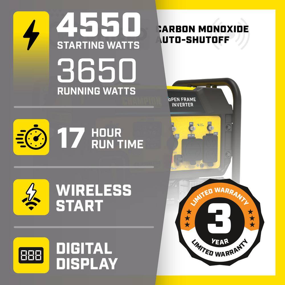 Champion Power Equipment 201054 4500-Watt Remote Start Gasoline Powered Open Frame Inverter Generator with CO Shield