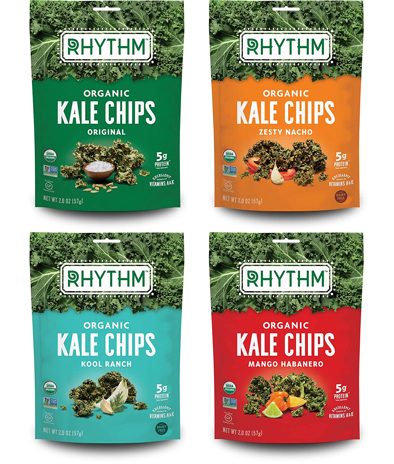 Rhythm Superfoods Kale Chips. Variety Pack. Vegan/Gluten-Free Superfood Snacks. 2.0 Oz (Pack of 4).