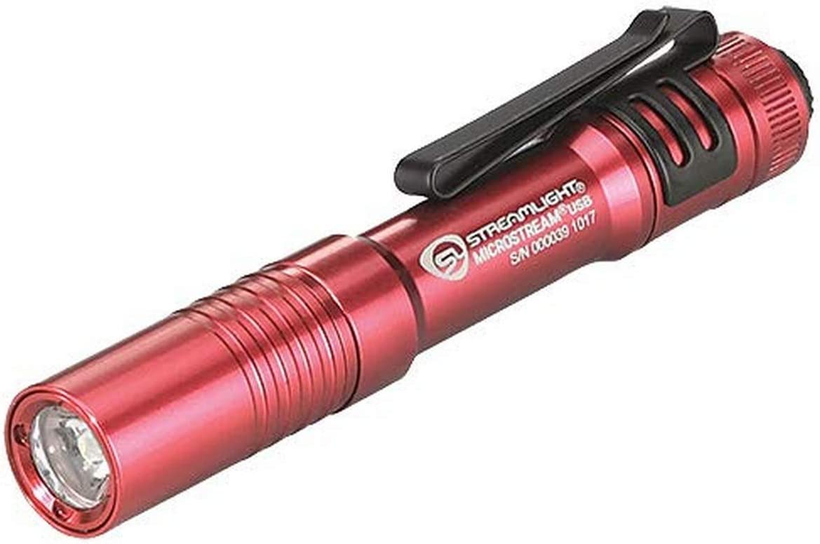 Streamlight 66605 250-Lumen MicroStream USB Rechargeable Pocket Flashlight with 5″ USB Cord and Lanyard. Red. Box