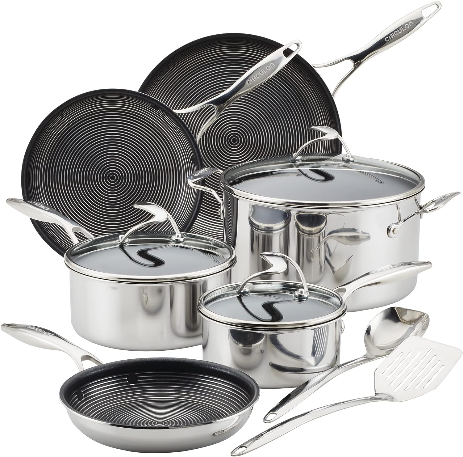 Circulon Clad Stainless Steel Cookware/Pots and Pans and Utensil Set with Hybrid SteelShield and Nonstick Technology. 11 Piece - Silver