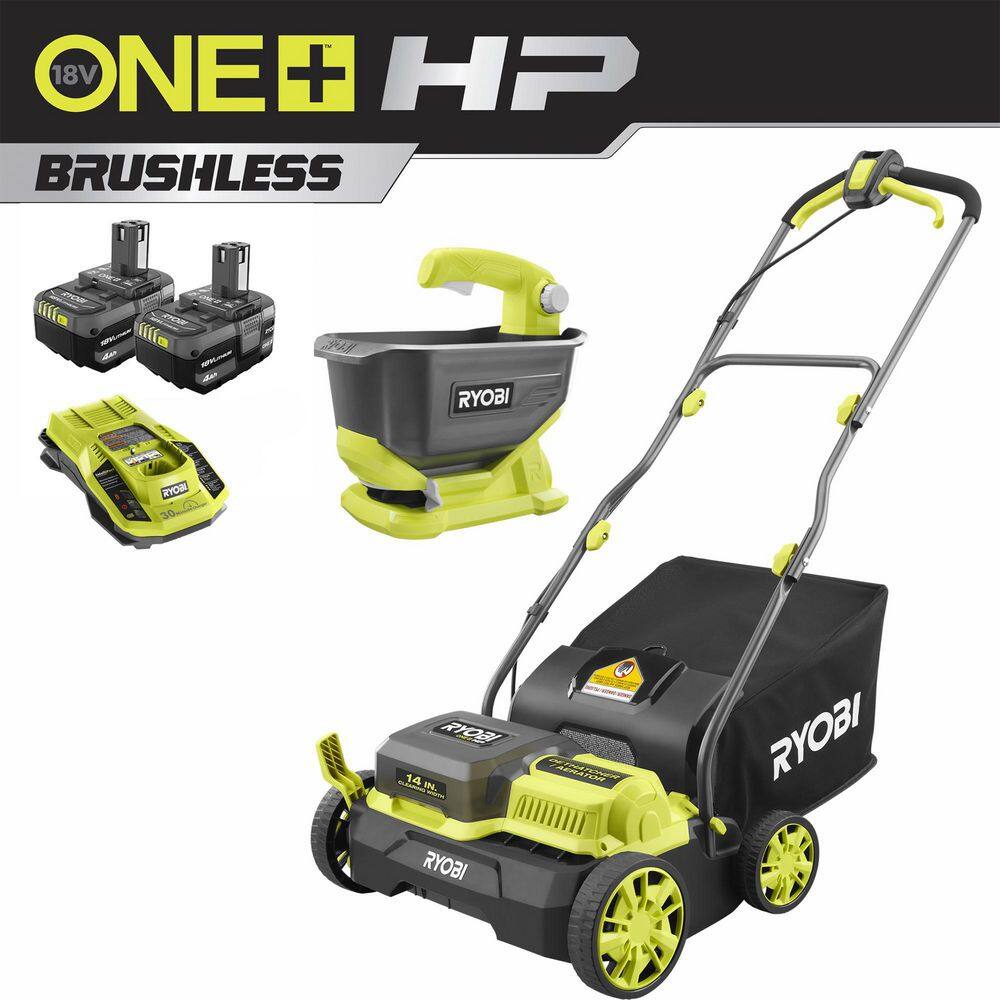 RYOBI P2740-SS ONE+ HP 18-Volt Brushless 14 in. Cordless Battery Cultivator. Seed Spreader. Two 4.0 Ah Batteries and Charger