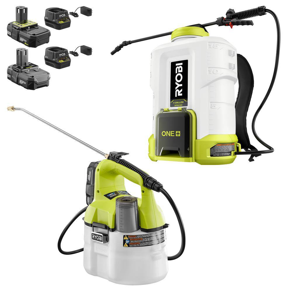 RYOBI P2860-2810 ONE+ 18V Cordless Battery 4 Gal. Backpack and 1 Gal. Handheld Chemical Sprayers with 2.0 Ah. 1.3 Ah Battery and Charger