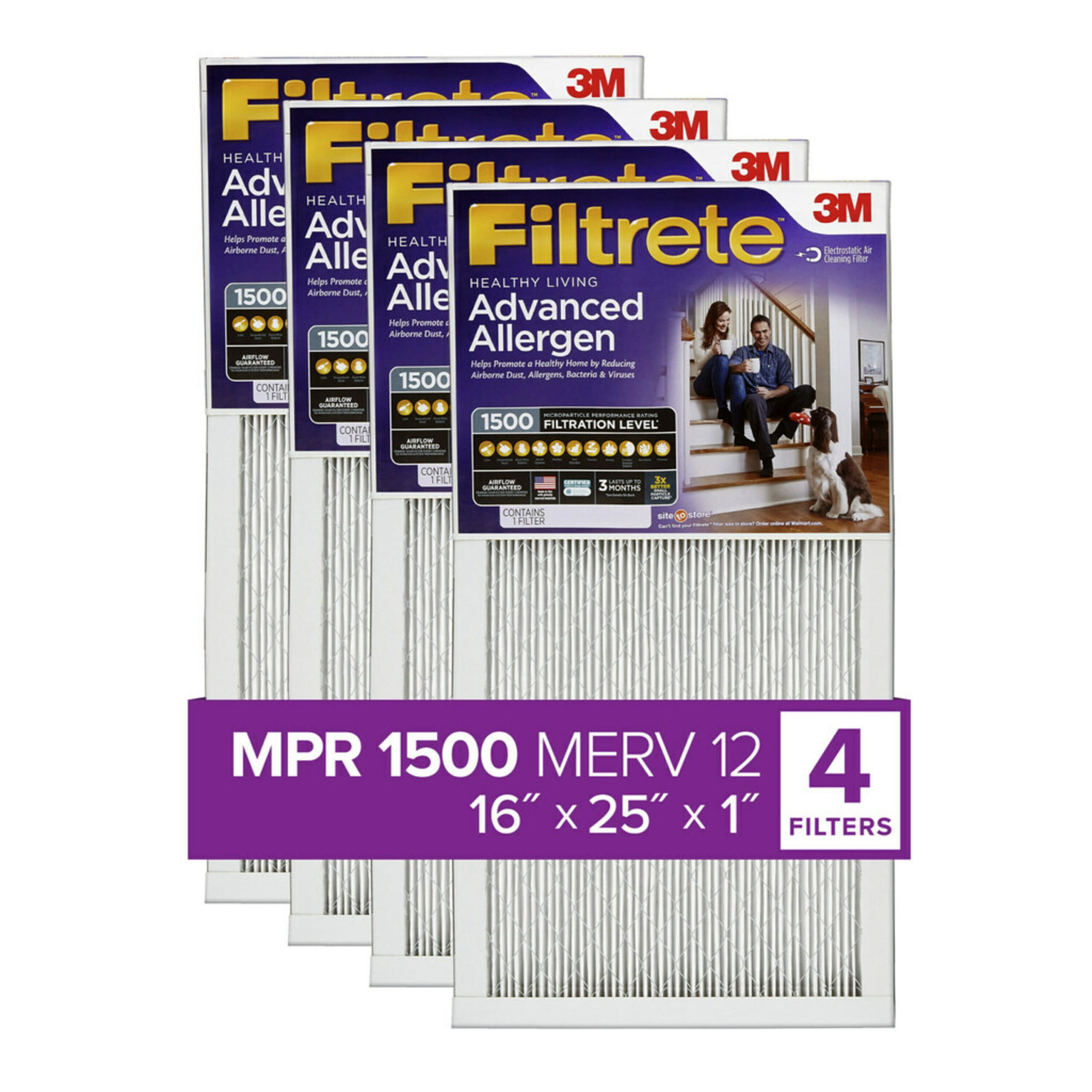 Filtrete by 3M. 16x25x1. MERV 12. Advanced Allergen Reduction HVAC Furnace Air Filter. Captures Allergens. Bacteria. Viruses. 1500 MPR. 4 Filters