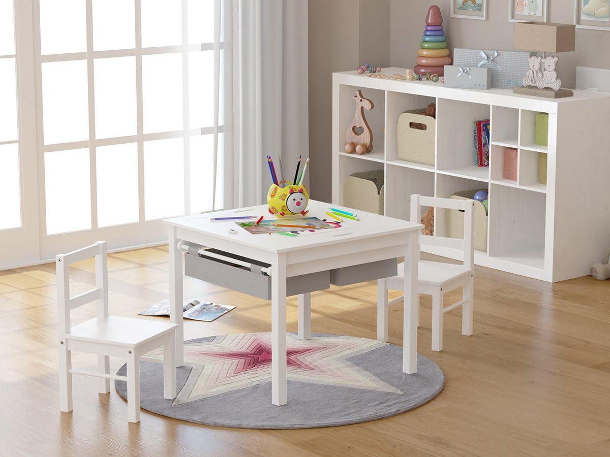UTEX Wooden 2 in 1 Kids Construction Play Table and 2 Chairs Set with Storage Drawers. and Built in Plate Compatible with Lego and Duplo Bricks (White with Grey Drawers)