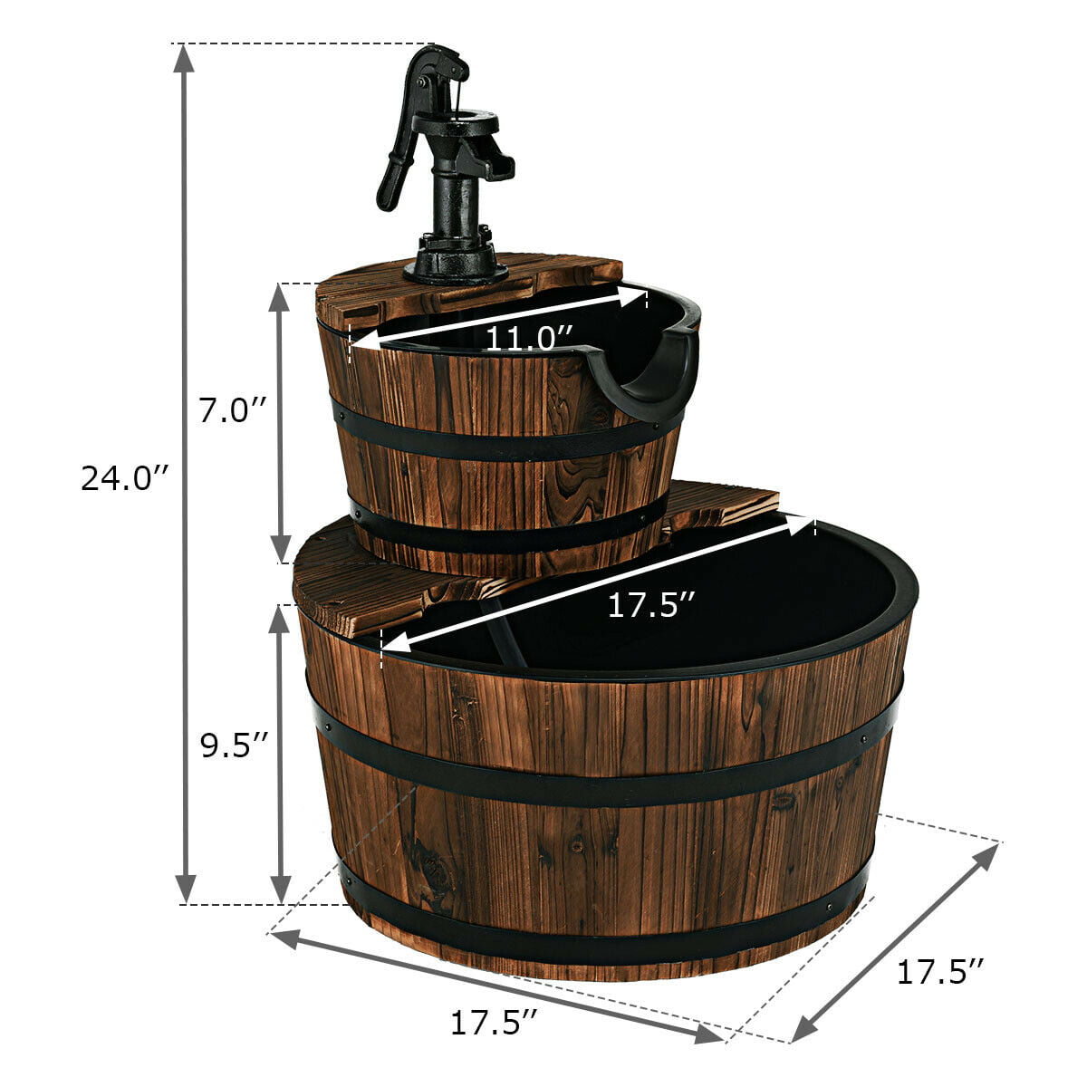 Costway 2 Tier Barrel Waterfall Fountain Barrel Wooden Water Fountain Pump Outdoor Garde