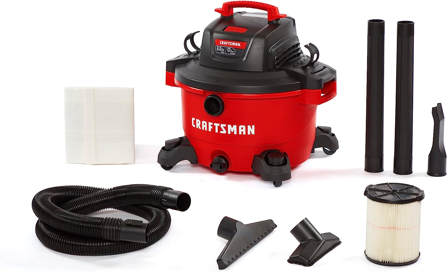 CRAFTSMAN CMXEVBE17594 12 Gallon 6.0 Peak HP Wet/Dry Vac. Portable Shop Vacuum with Attachments. Red