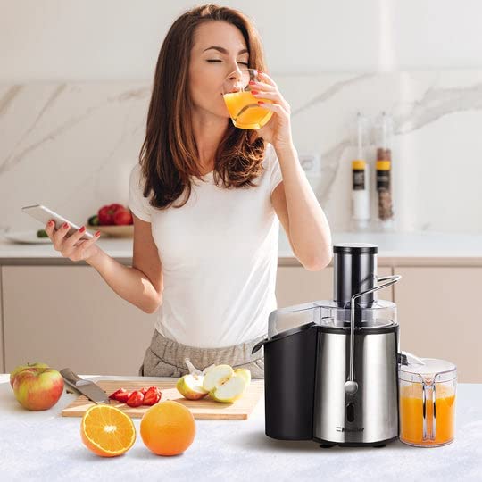 Mueller Juicer Ultra Power. Easy Clean Extractor Press Centrifugal Juicing Machine. Wide 3″ Feed Chute for Whole Fruit Vegetable. Anti-drip. High Quality. Large. Silver