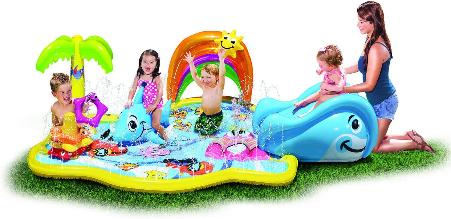 BANZAI Splish Splash Water Park JR. Length: 90 in. Width: 52 in. Height: 24 in. Junior Inflatable Outdoor Backyard Water Splash Toy