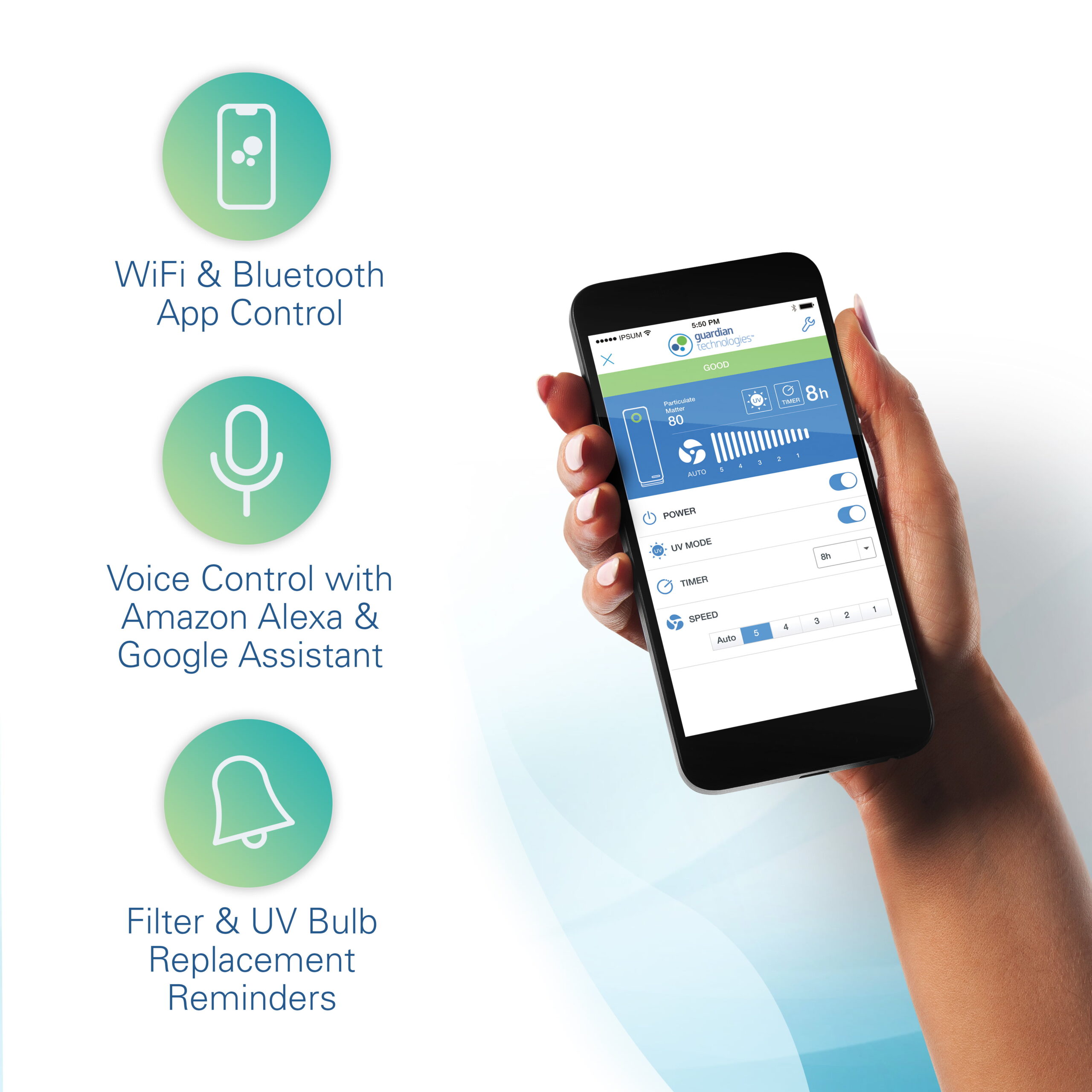 Germ Guardian Tower Air Purifier with WiFi & Bluetooth Smart Control and UV-C. CDAP5500BCA