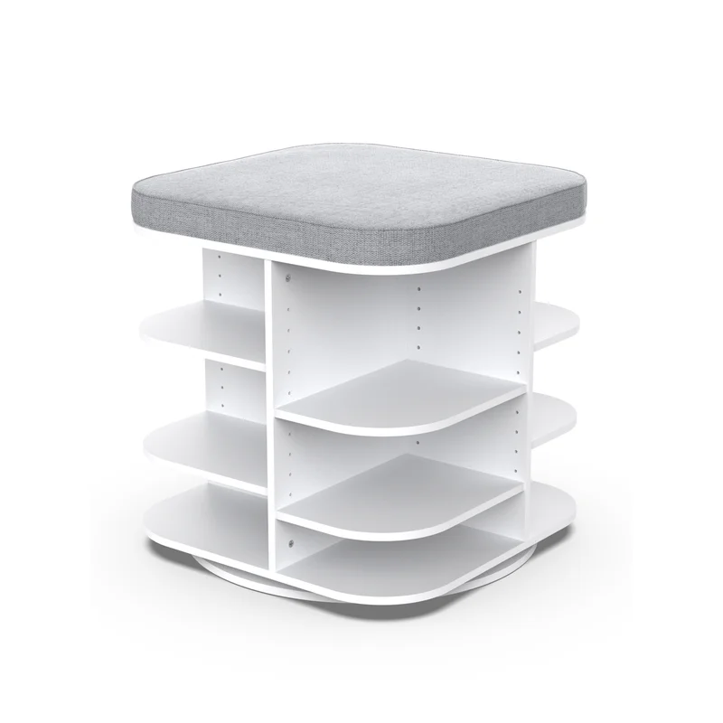 ClosetMaid Shoe Storage Bench Ottoman. Rotating with Gray Cushion. Adjustable. White Finish