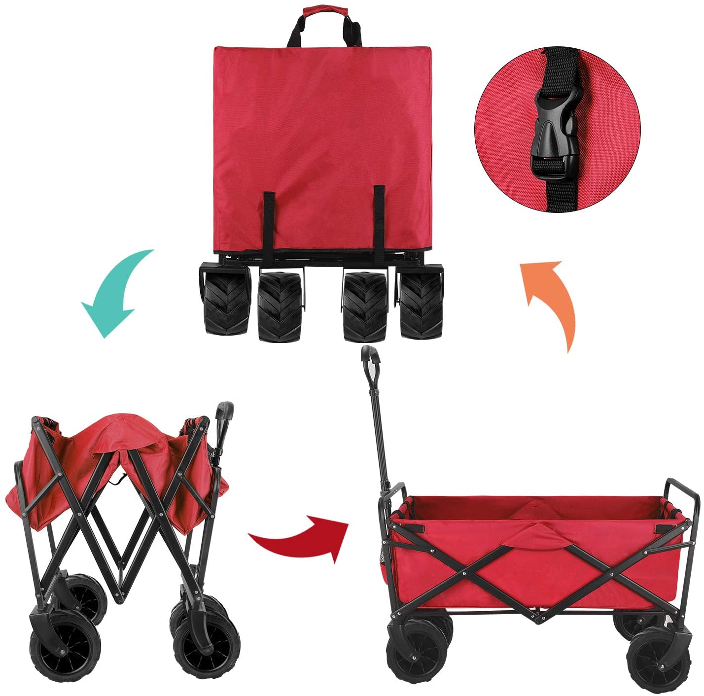 BAHOM Folding Collapsible Outdoor Utility Wagon Cart. Heavy Duty Garden Cart with All-Terrain Wheels and Carrying Bag .Red