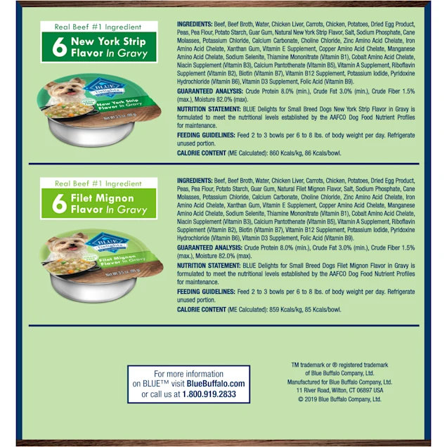 Blue Buffalo Blue Life Protection Delights Filet Mignon. New York Strip Flavor Variety Pack Wet Dog Food. 3.5 oz.. Pack of 12