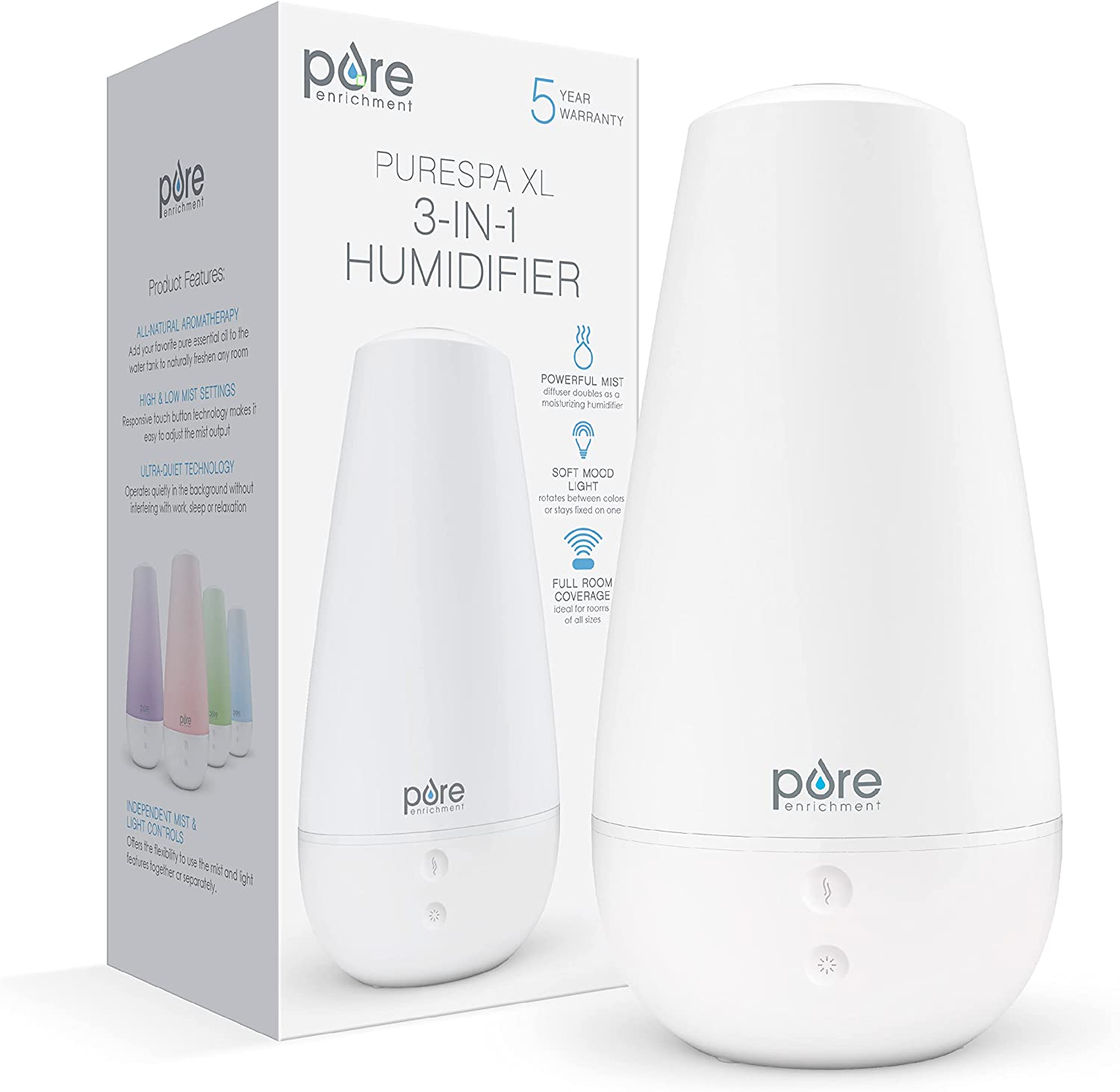 Pure Enrichment PureSpa XL 3-in-1 Cool Mist Humidifier. Essential Oil Diffuser & Mood Light - 2L Tank Provides Powerful Mist Coverage up to 350 sq ft in Bedroom. Office & Large Rooms