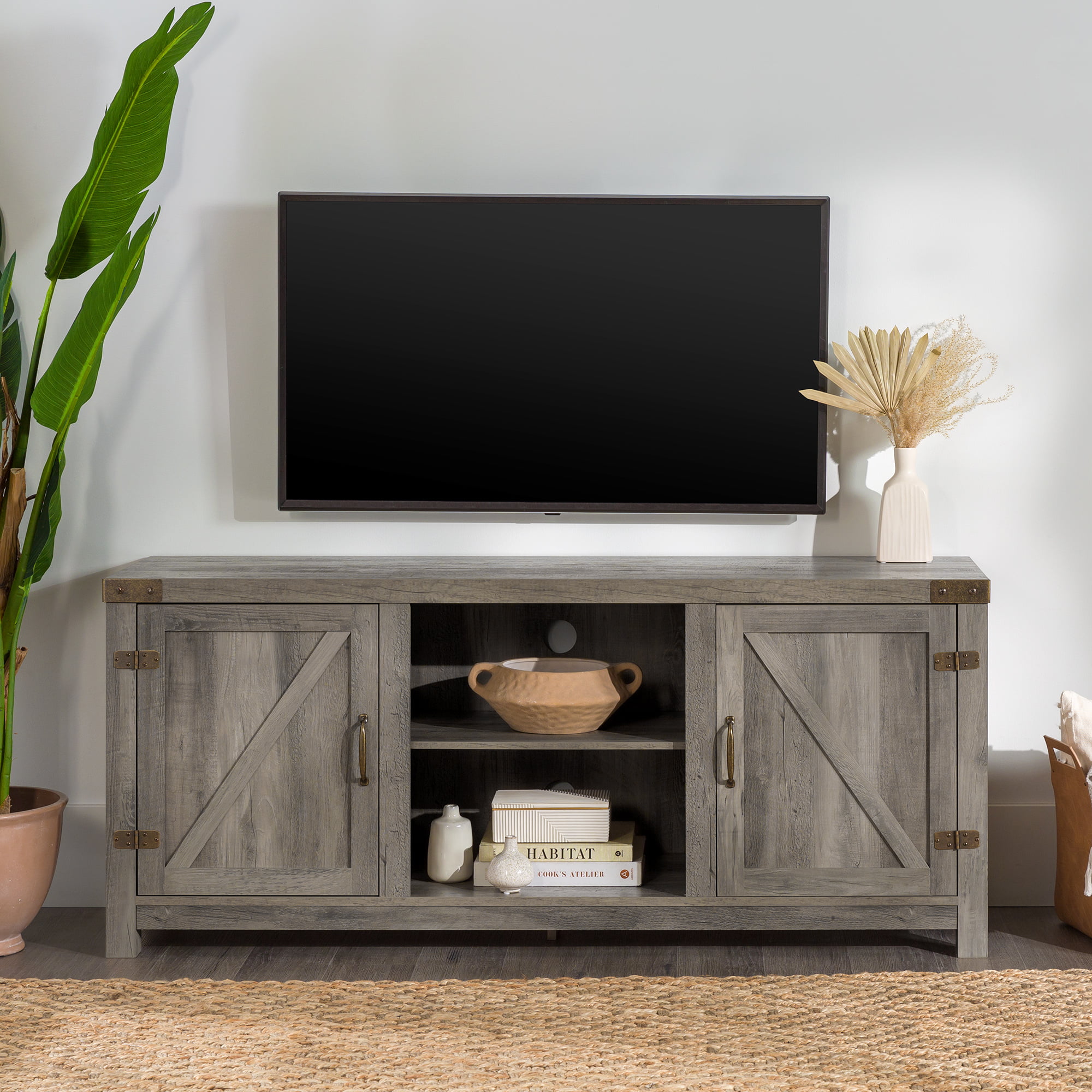 Woven Paths Modern Farmhouse Barn Door TV Stand for TVs up to 65″. Grey Wash