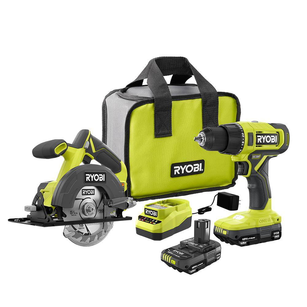RYOBI PCL1201K2 ONE+ 18V Cordless 2-Tool Combo Kit with Drill/Driver. Circular Saw. (2) 1.5 Ah Batteries. and Charger