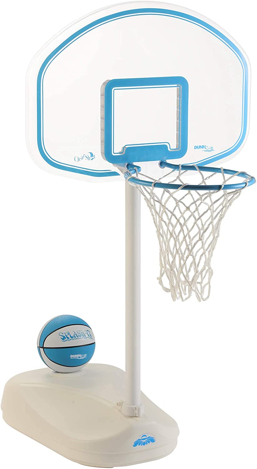 Dunn-Rite Clear Shot Swimming Pool Basketball Hoop w/Ball. Base. & 13 Inch Stainless Steel Rim for Adults & Kids. Choose Basketball or Basketball and Volleyball Combo