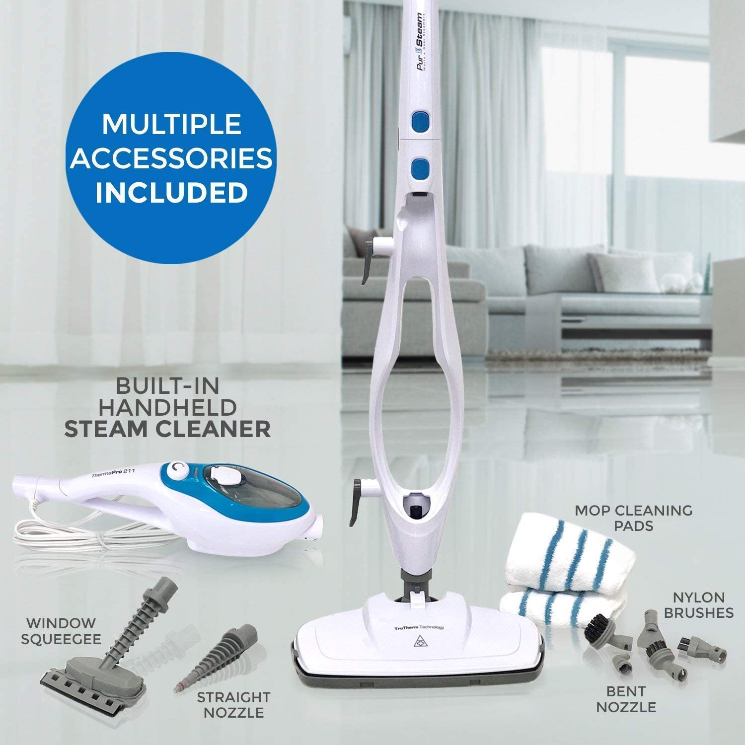 PurSteam Steam Mop Cleaner 10-in-1 with Convenient Detachable Handheld Unit. Laminate/Hardwood/Tiles/Carpet Kitchen - Garment - Clothes - Pet Friendly Steamer Whole House Multipurpose Use