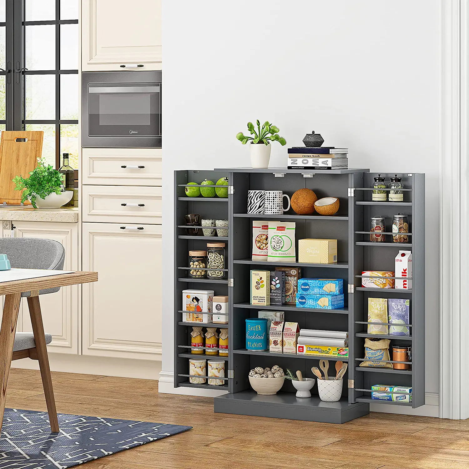 HOMEFORT 41″ Farmhouse Kitchen Pantry. Storage Cabinet with Doors and Adjustable Shelves for Kitchen. Living Room and Dinning Room in Grey