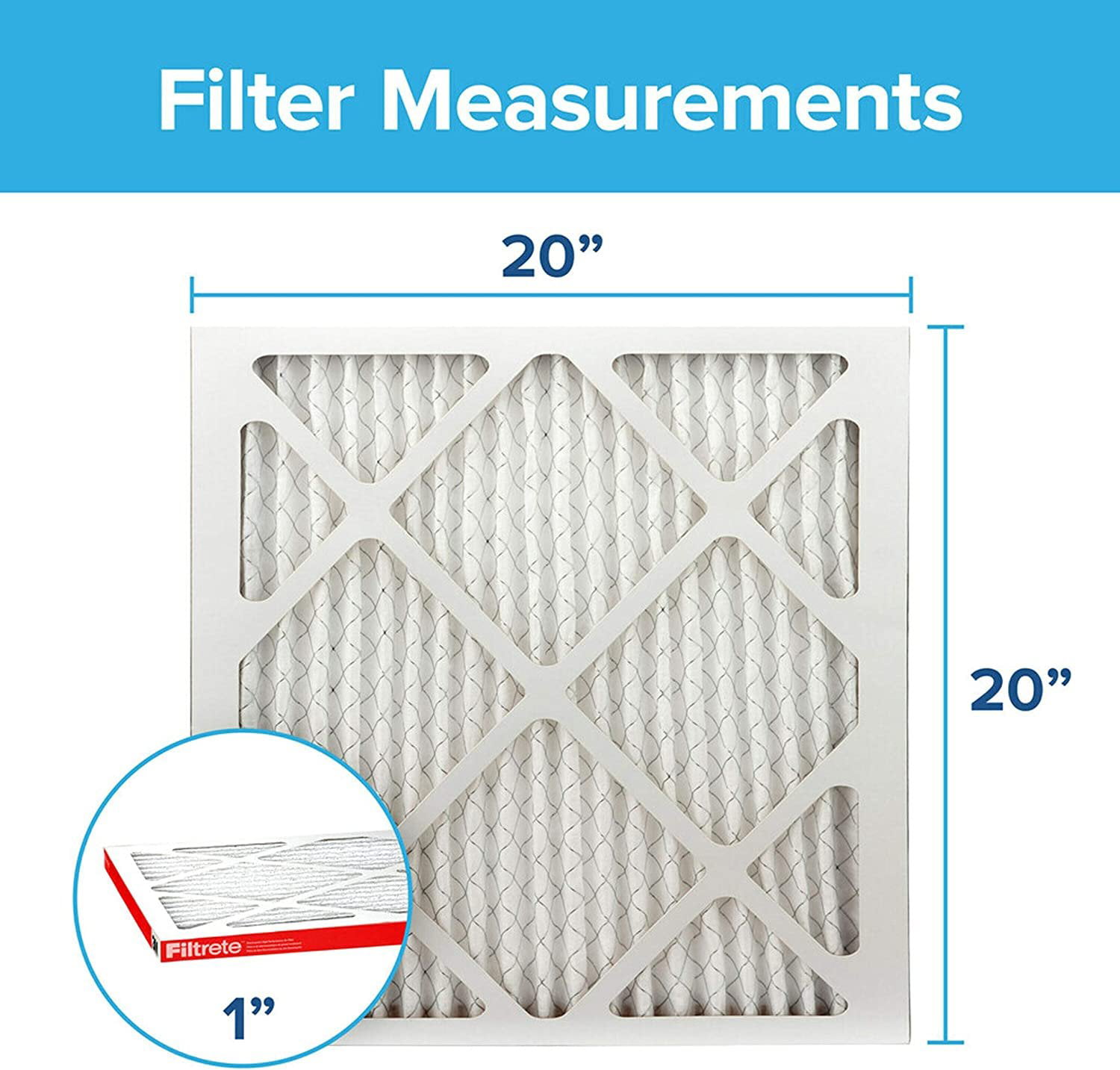 Filtrete 20x20x1. AC Furnace Air Filter. MPR 1000. Micro Allergen Defense. 4-Pack exact dimensions 19.69 x 19.69 x 0.81