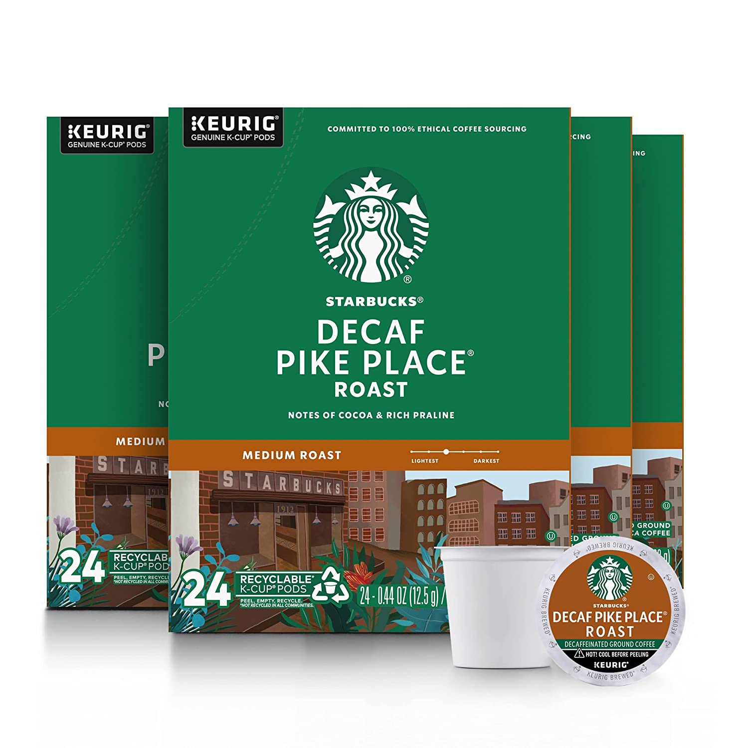 Starbucks K-Cup Coffee Pods. Medium Roast Coffee. Decaf Pike Place Roast. 100% Arabica. 4 boxes (96 pods total)
