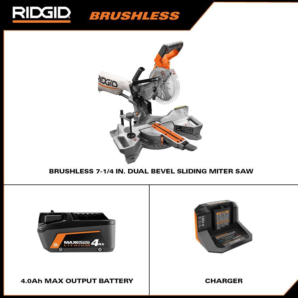 RIDGID R48607B-AC9540 18V Brushless 7-1/4 in. Dual Bevel Sliding Miter Saw with 18V Lithium-Ion MAX Output 4.0 Ah Battery and Charger