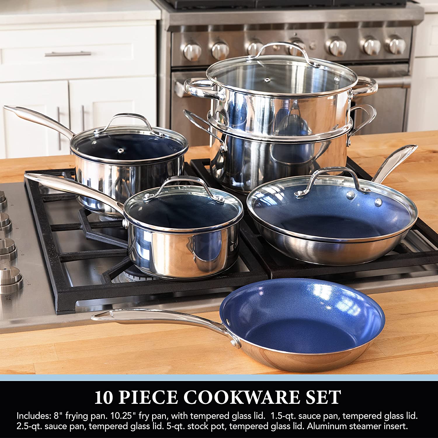 GRANITESTONE 7786 Classic Blue 10-Piece Stainless Steel Tri-Ply Nonstick Diamond Infused Coating Cookware Set