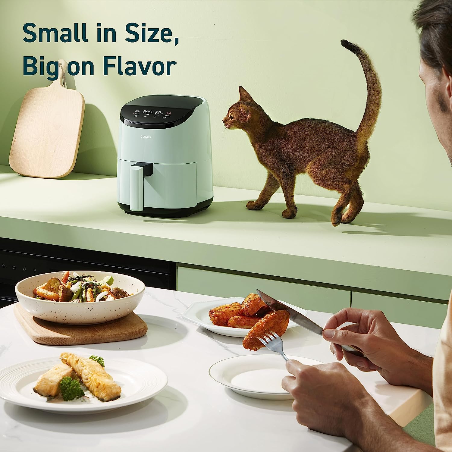COSORI Small Air Fryer Oven 2.1 Qt. 4-in-1 Mini Airfryer. Bake. Roast. Reheat. Space-saving & Low-noise. Nonstick and Dishwasher Safe Basket. 97% less oil. Sticker with 6 Reference Guides. Green