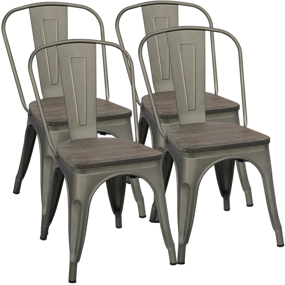 Alden Design Metal Stackable Dining Chairs with Wooden Seat. Set of 4. Gunmetal Gray