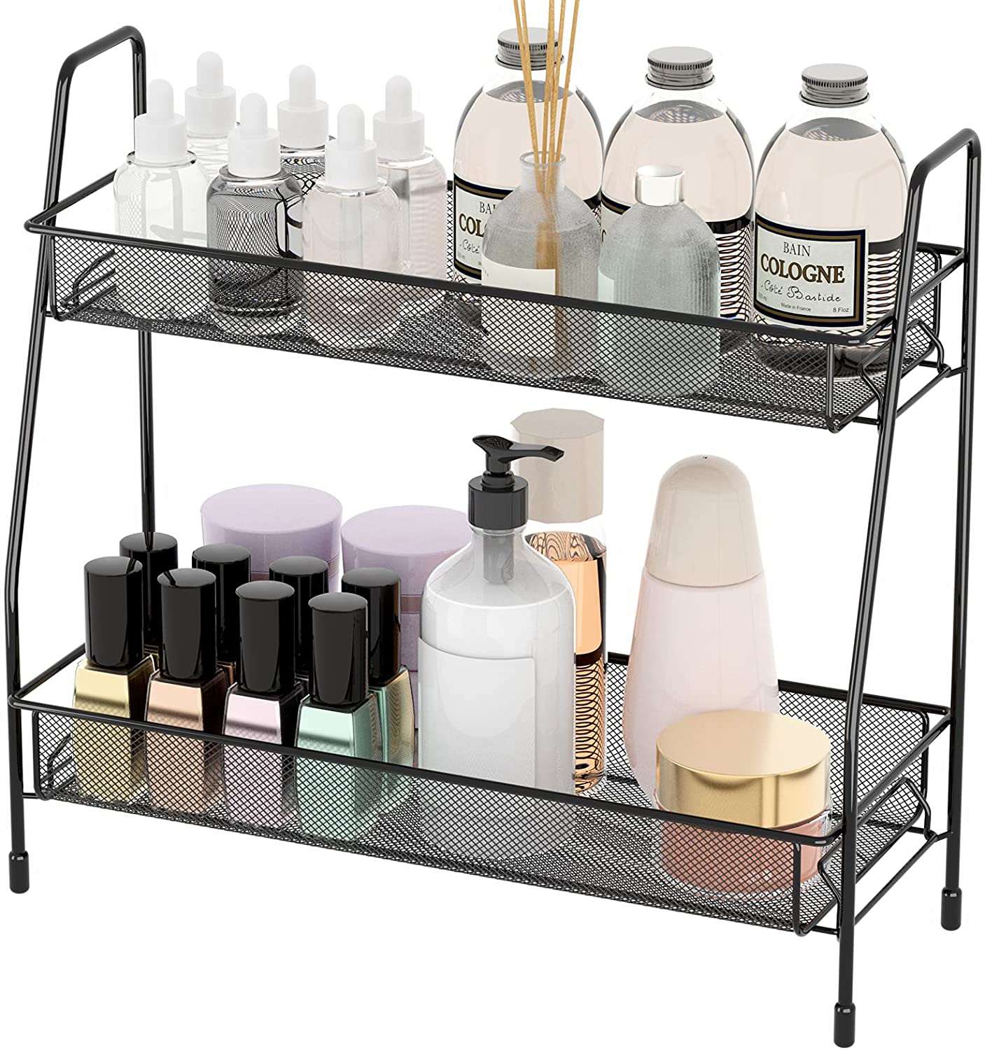 EKNITEY Spice Rack Organizer for Countertop. 2 Tier Bathroom Shelf. Black