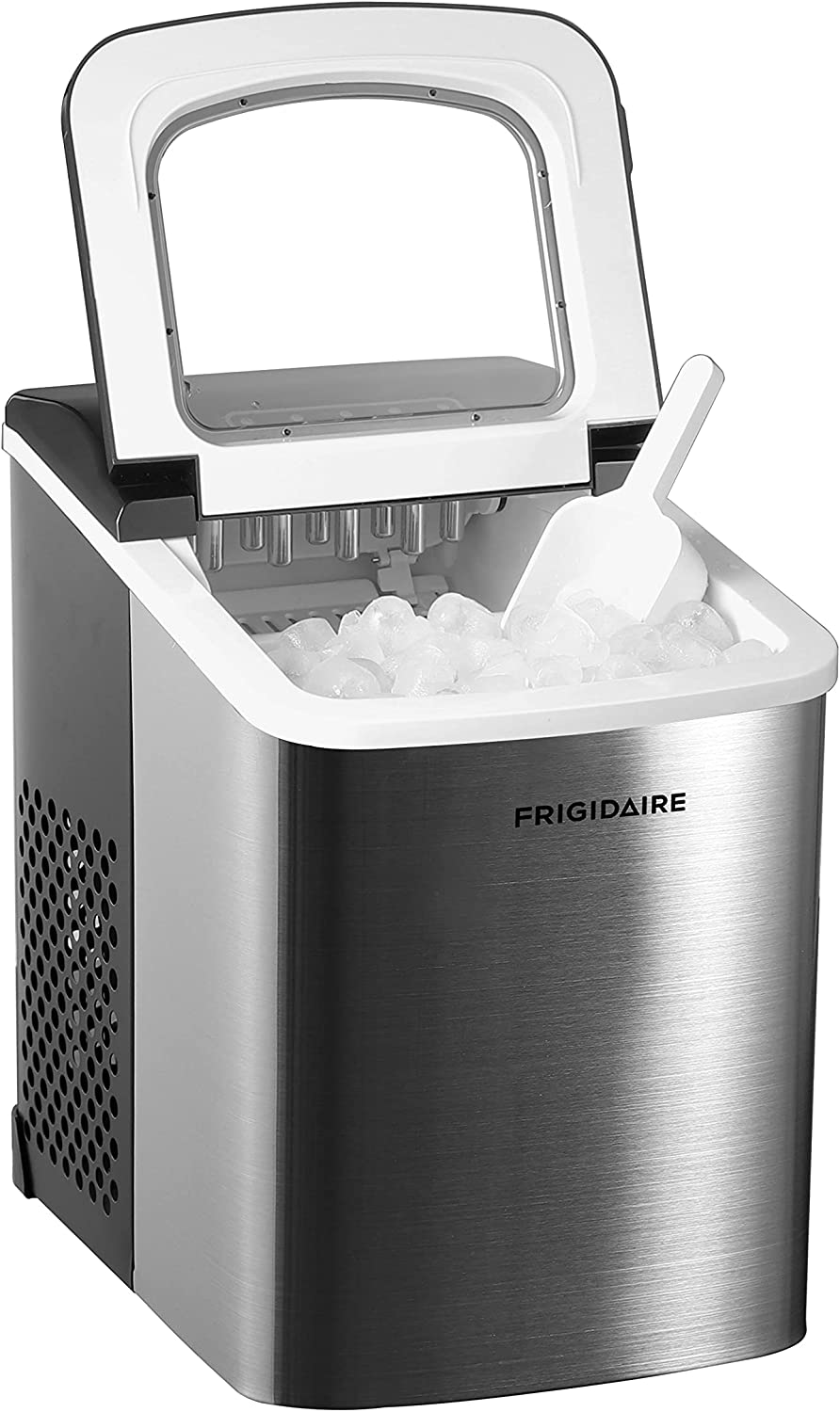 Frigidaire Compact Countertop Ice Maker. Makes 26 Lbs. Of Bullet Shaped Ice Cubes Per Day. Silver Stainless