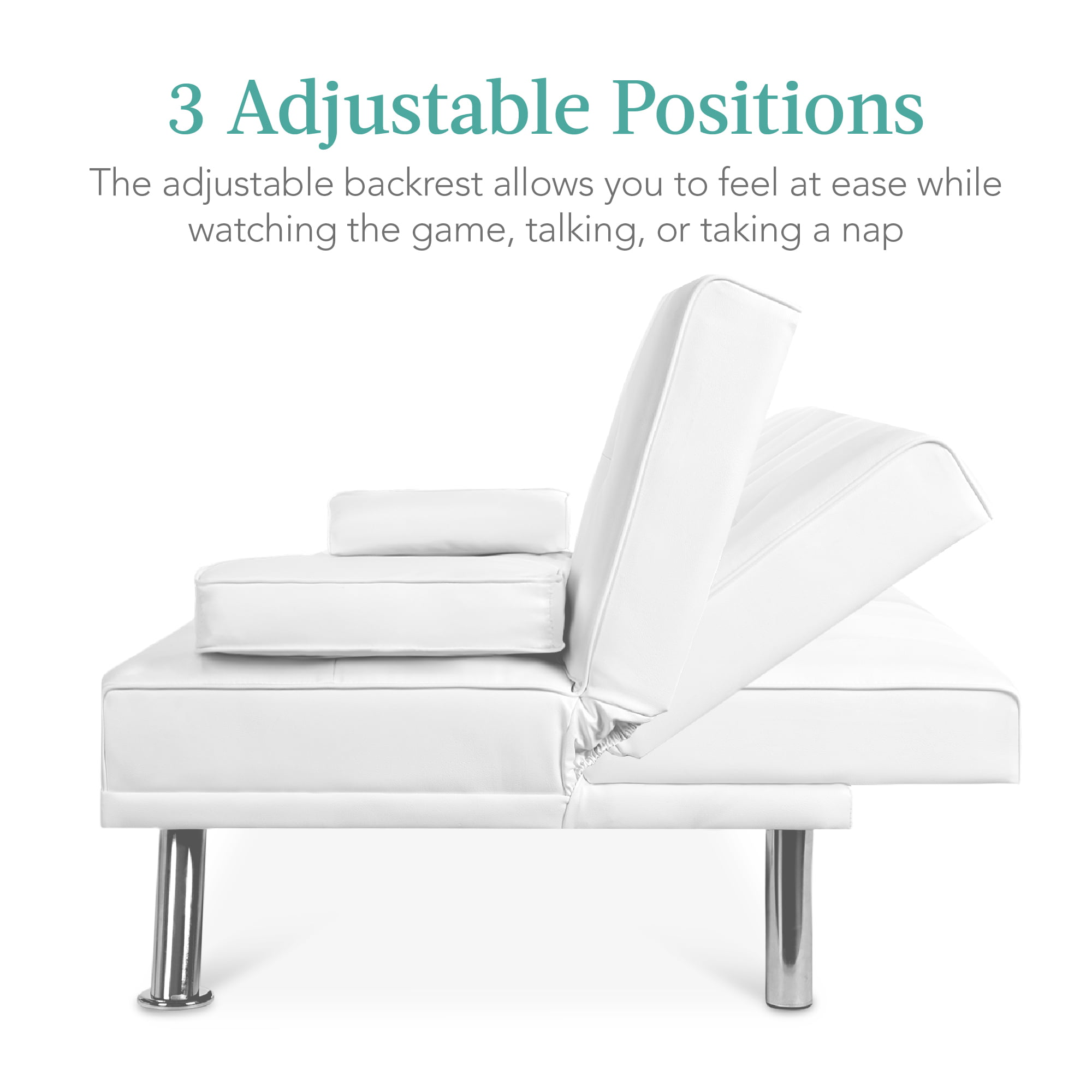 Best Choice Products Modern Faux Leather Convertible Futon Sofa w/ Removable Armrests. Metal Legs. 2 Cupholders - White