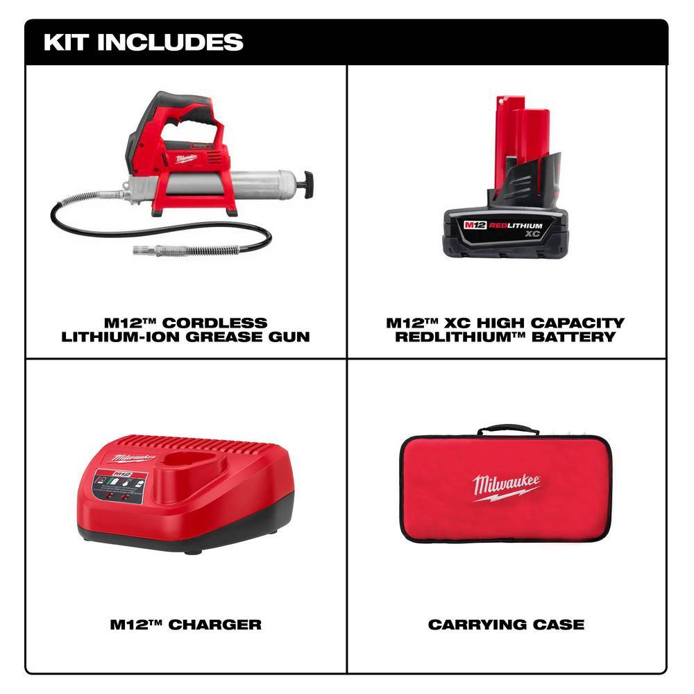 Milwaukee 2446-21XC M12 12V Lithium-Ion Cordless Grease Gun Kit with One 3.0 Ah Battery. Charger and Tool Bag
