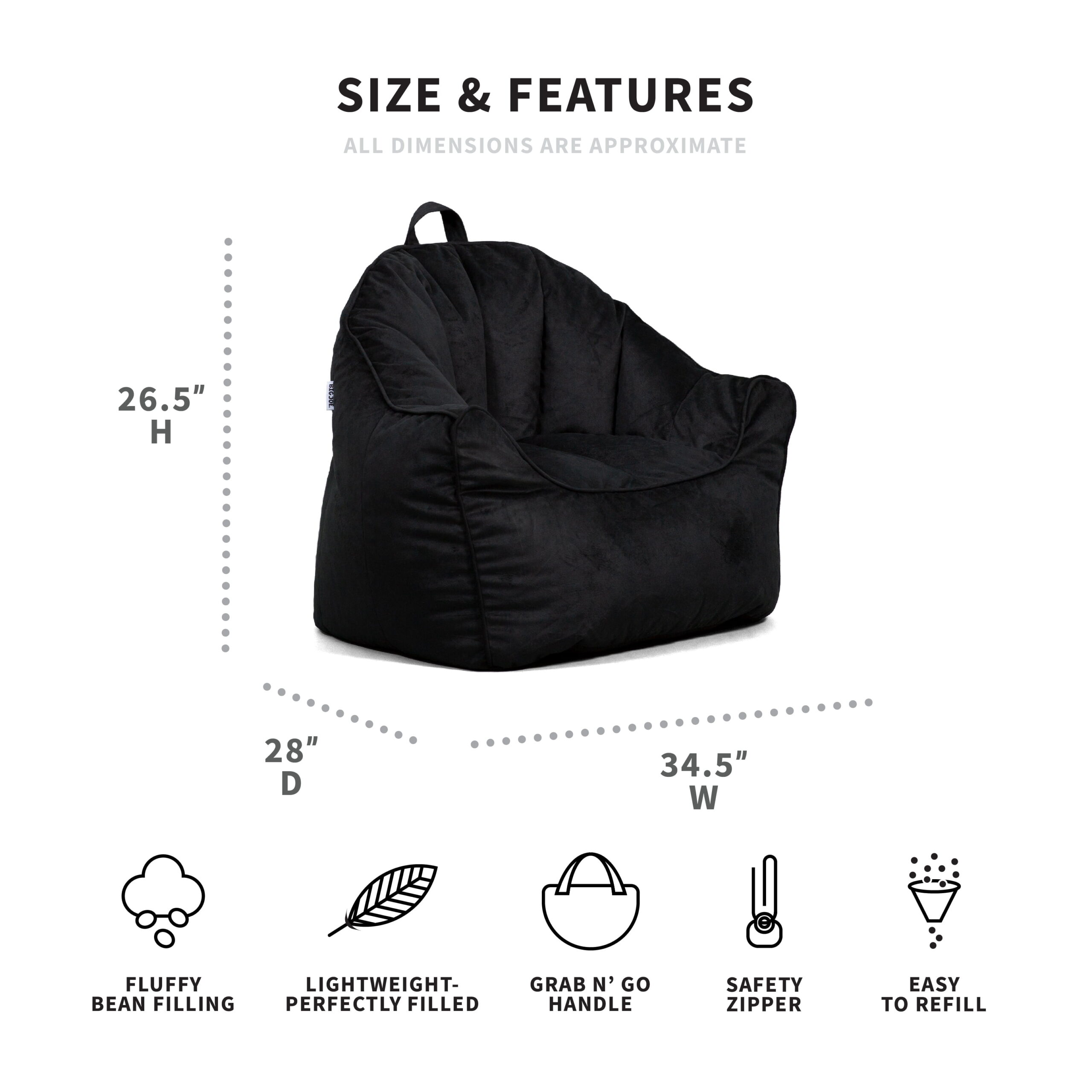 Big Joe Hug Bean Bag Chair. Plush 3ft. Black