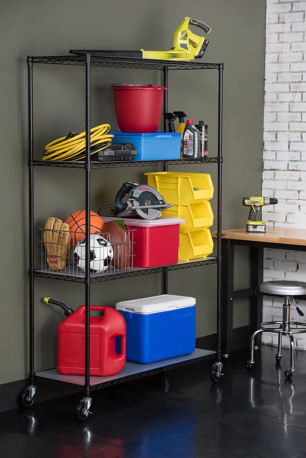 TRINITY 4-Tier Wire Shelving Rack. 48 x 18 x 72. NSF. Includes Wheels and Liners. Black