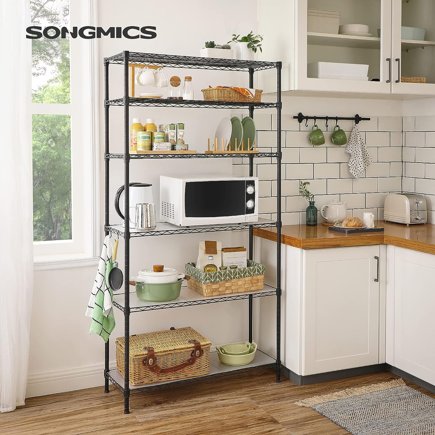 SONGMICS Garage Shelving. 6-Tier Wire Shelving Unit. Kitchen Storage Rack with Adjustable Shelves. Shelf Liners. 8 Hooks. Total Max. Load 528 lb. for Living Room. Garage. Black ULGR096B01