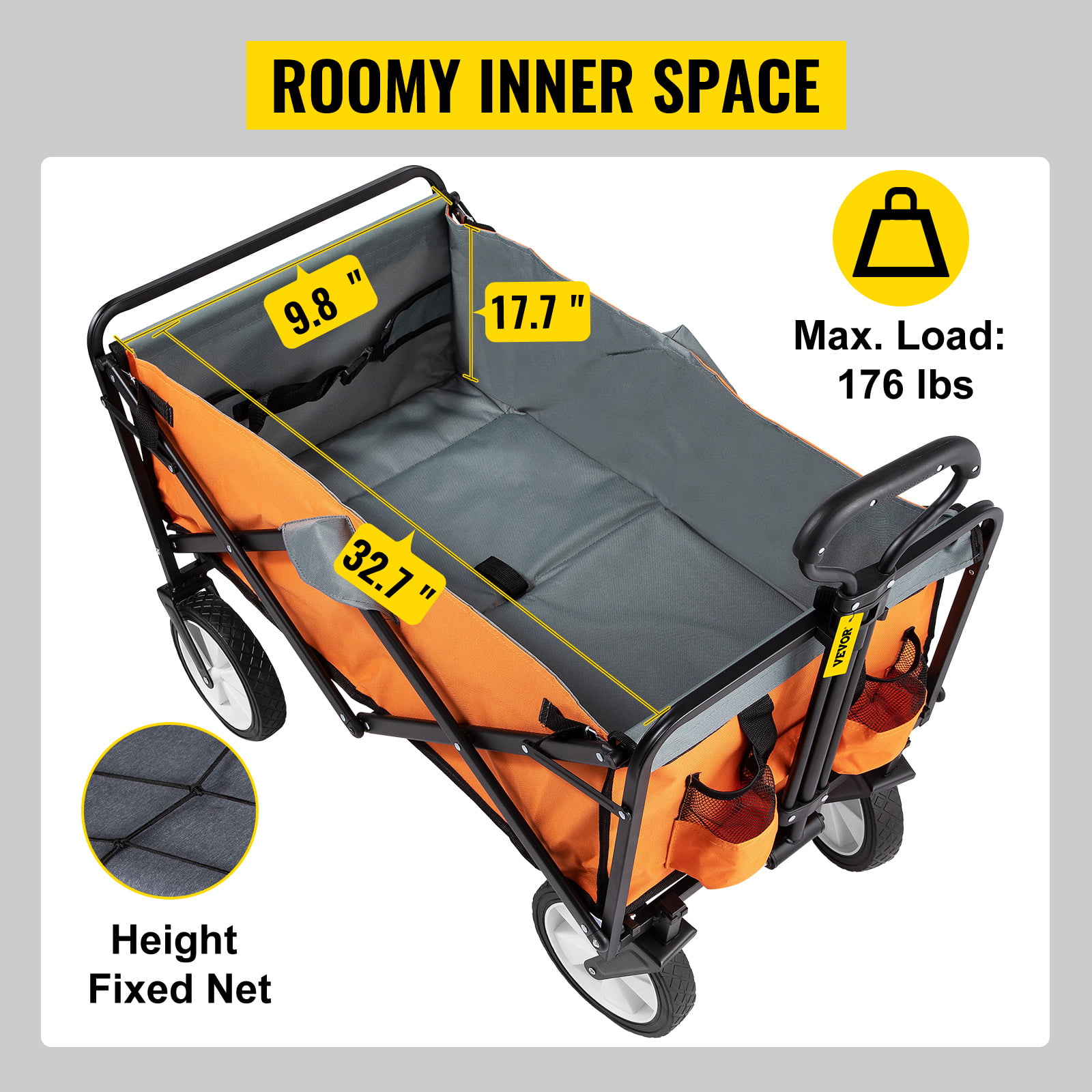 BENTISM Folding Wagon Cart Utility Collapsible Wagon 176 lbs w/ Adjustable Handle. Orange