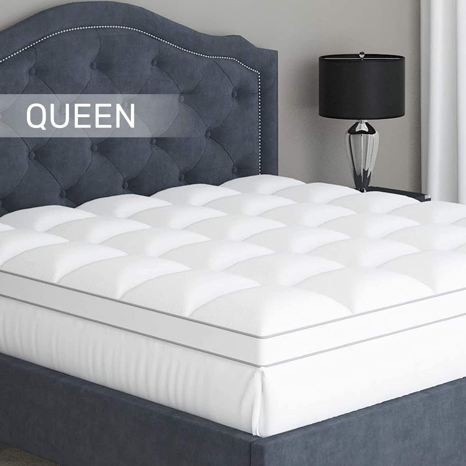 Sleep Mantra Queen Cooling Mattress Topper. Pillow-Top Optimum Thickness. Soft 100% Cotton Fabric. Breathable & Plush Quilted Down-Like Fill. Snug Deep Pocket fit for Mattresses 8-20 inch. White