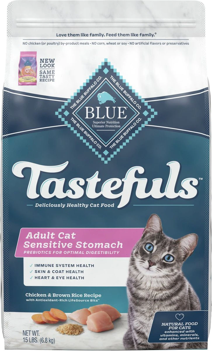 Blue Buffalo Sensitive Stomach Natural Adult Dry Cat Food. Chicken & Brown Rice 15-Lb