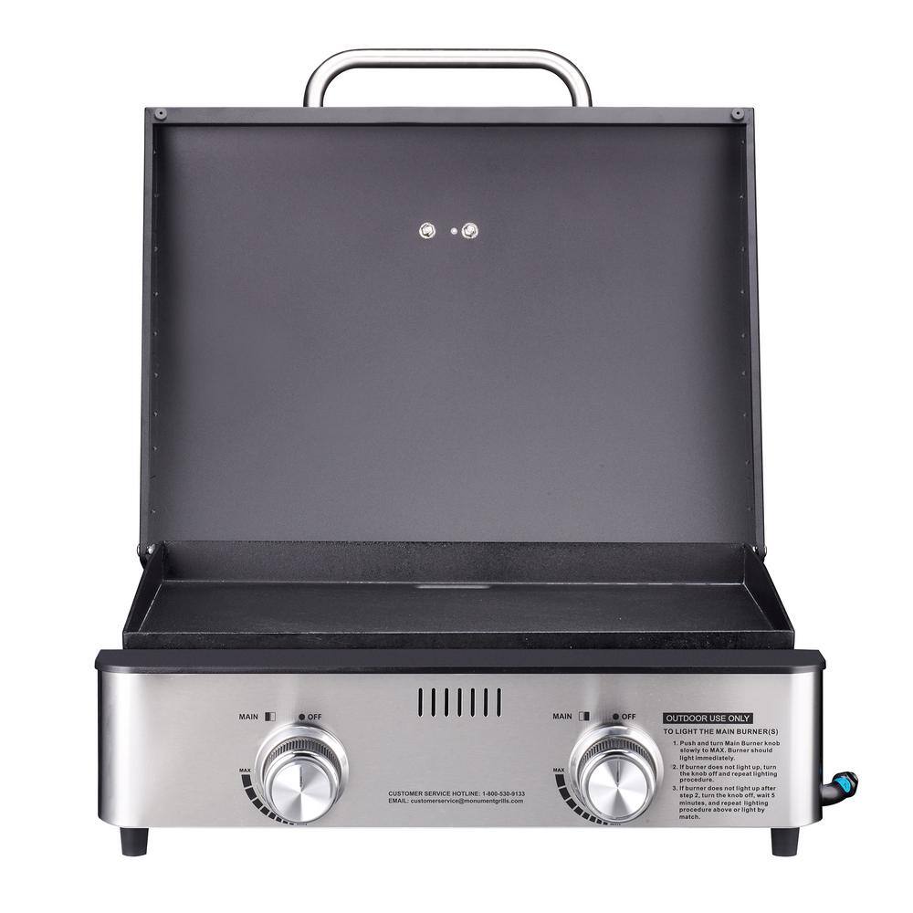 Monument Grills 55000 2-Burner Portable Table Top Propane Gas Griddle in Stainless Steel with Locking Lid