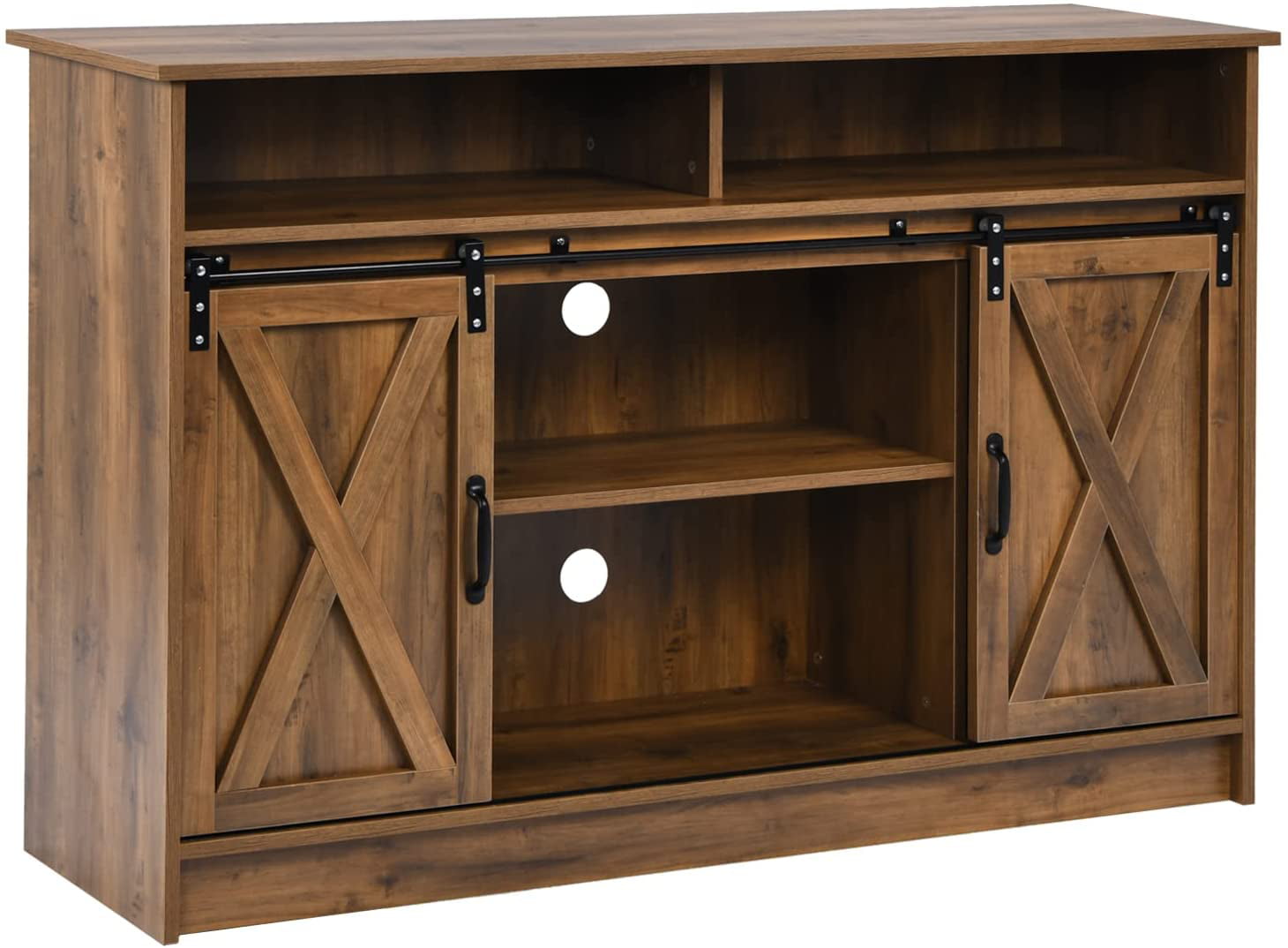 Farmhouse Bar Cabinet with Sliding Barn Doors. 52″ Buffet Storage Sideboard with 4 Adjustable Shelves. Rustic Brown