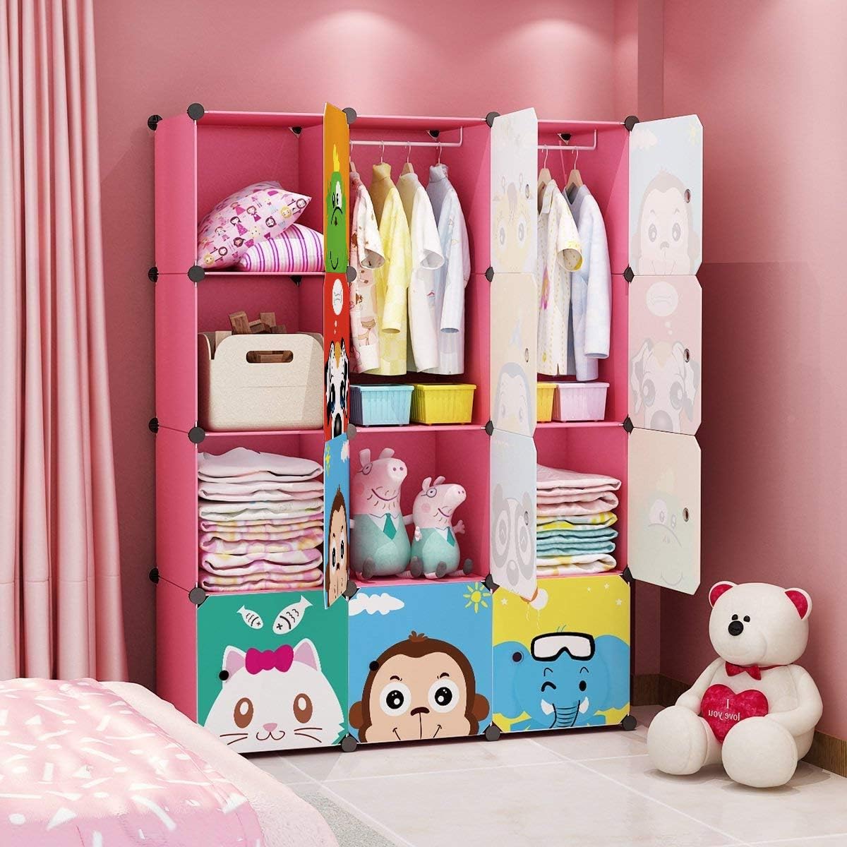 MAGINELS Children Wardrobe Kid Dresser Cute Baby Portable Closet Bedroom Armoire Clothes Hanging Storage Rack Cube Organizer.(Pink. 8 Cube & 2 Rod)