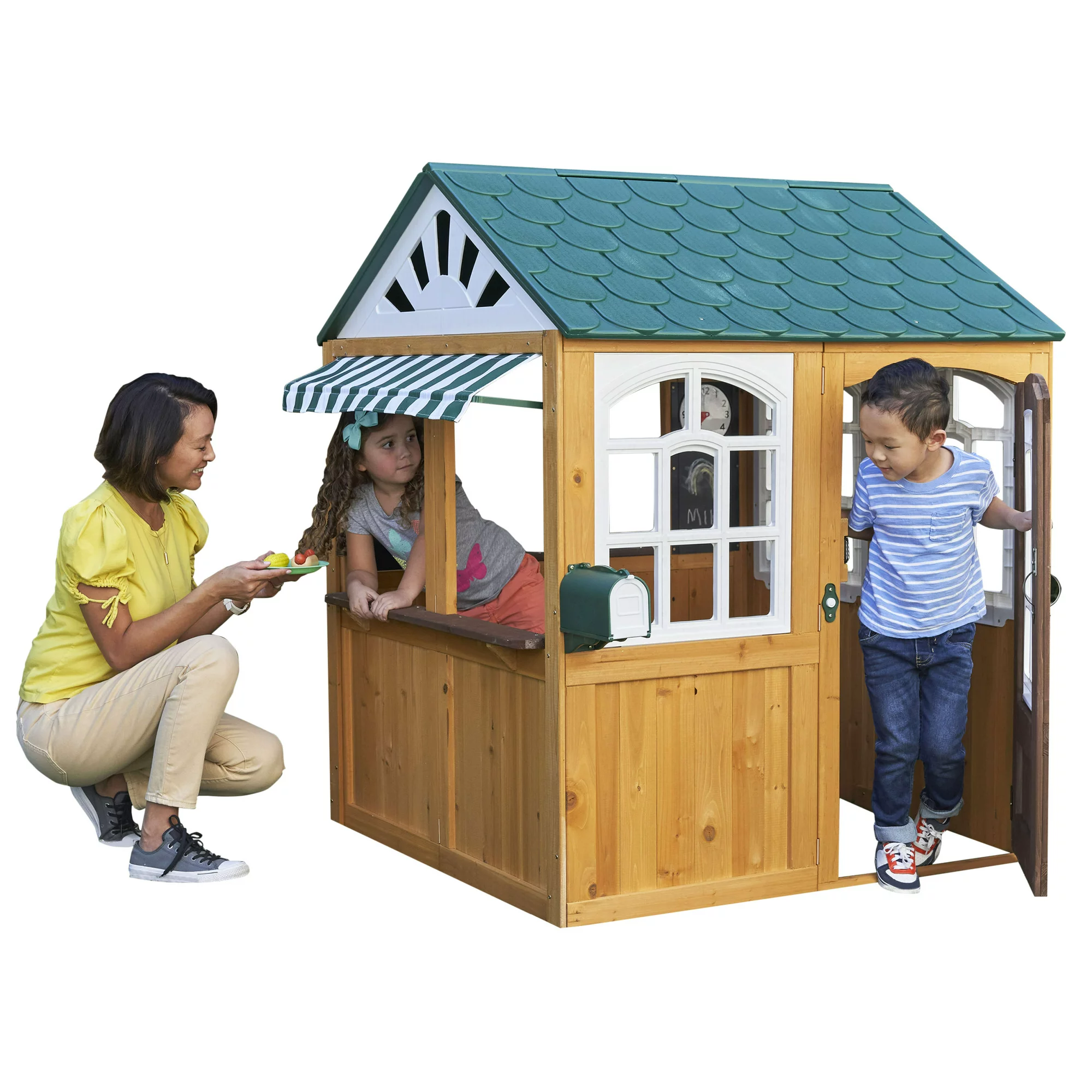 KidKraft Garden View Outdoor Wooden Playhouse with Ringing Doorbell. Mailbox & Chalkboard