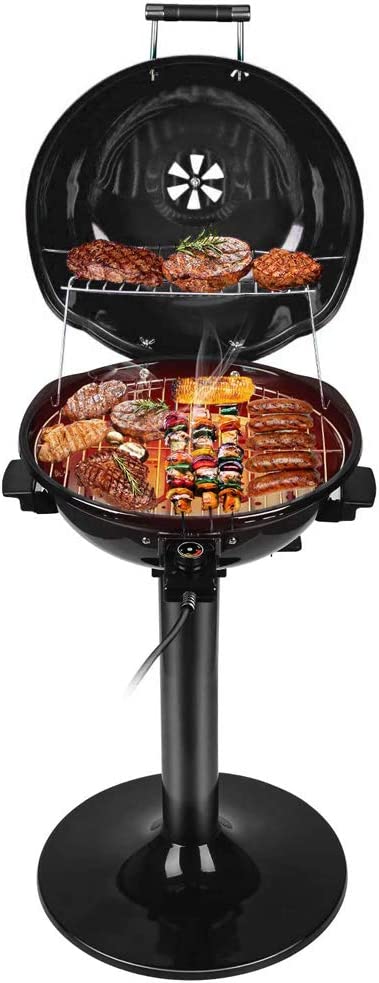 Electric BBQ Grill Techwood 15-Serving Indoor/Outdoor Electric Grill for Indoor & Outdoor Use. Double Layer Design. Portable Removable Stand Grill. 1600W (Stand Black BBQ Grills)